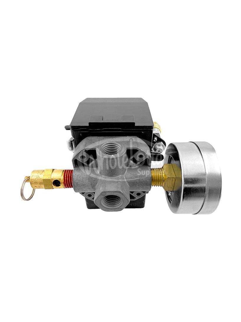 Pressure Switch SET 4 PORT 110-150 PSI w/ Rear Mount Gauge & 165PSI Safety Valve 20AMP